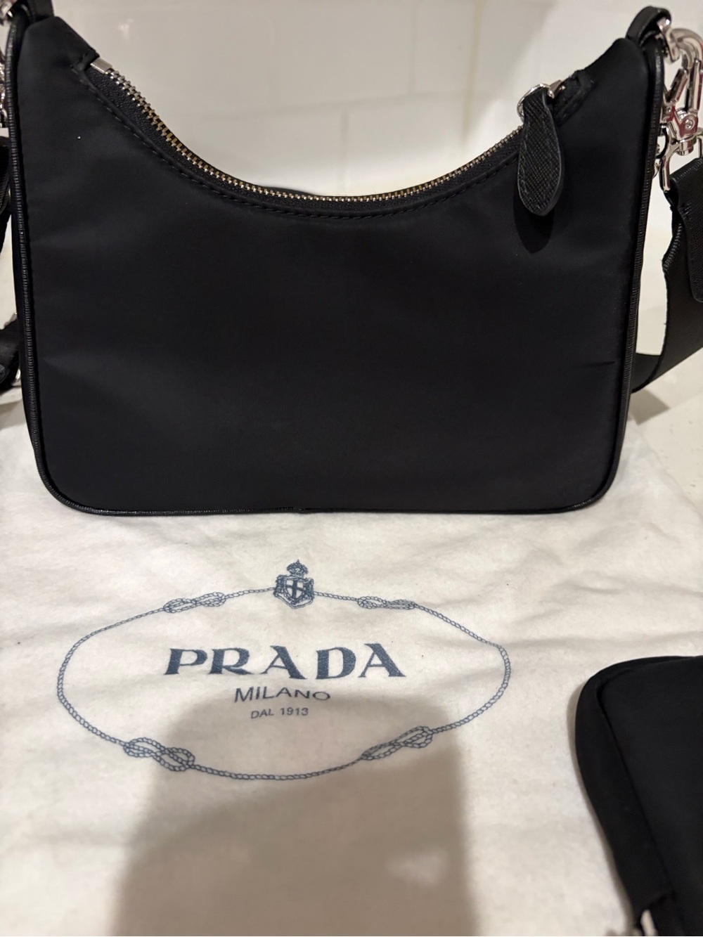 Prada Black Nylon Shoulder Bag with Silver Chain & Detachable Strap - Picture 9 of 9